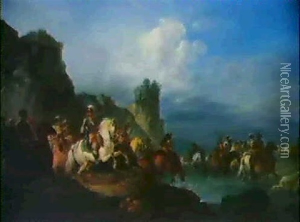 Weite Flusslandschaft Mit Berittenen, Die Einen Fluss       Durchqueren Oil Painting - Francesco Giuseppe Casanova
