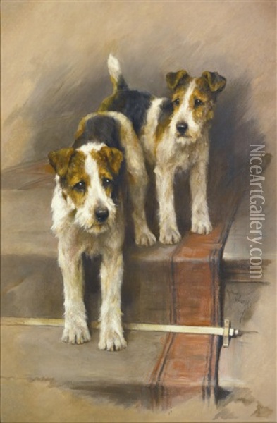 Terriers On A Staircase Oil Painting - Arthur Wardle