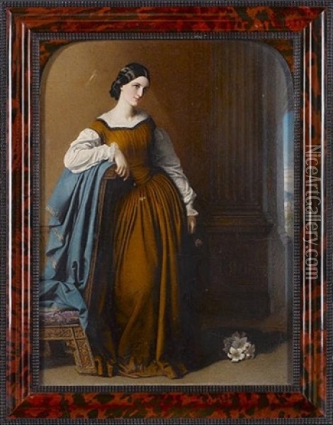 Mrs. Georgiana Maria Grenfell Glyn Wearing Brown Dress Over White Chemise With Gathered Neckline And Lace Cuffs And Leaning Against A Carved Wood Chair Draped With Blue Fabric Oil Painting - Robert Thorburn