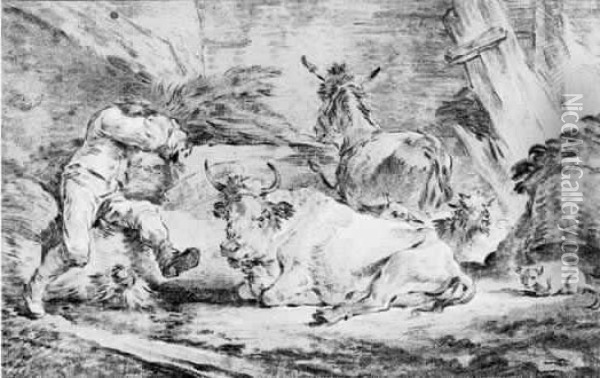 Berger Dans Une Etable Avec Un Boeuf, Un Ane, Un Mouton Et Un
 Chat Oil Painting - Jean-Baptiste Huet I