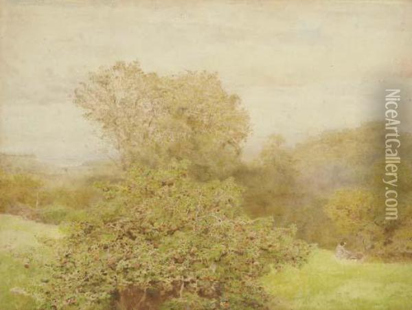 Spring In A Western Orchard Oil Painting - John William North