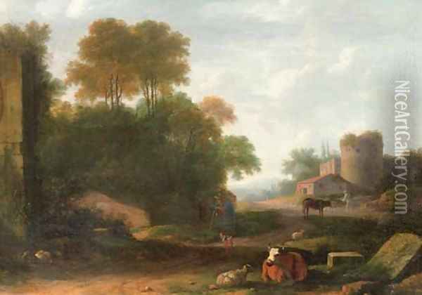 An Italianate landscape with peasants attending their cows and sheep among ruins Oil Painting - Herman Van Swanevelt