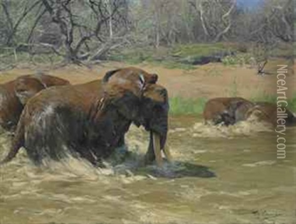 Elephants In A River Oil Painting - Wilhelm Friedrich Kuhnert