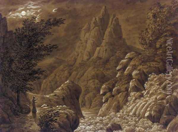 Idealised Landscape with Waterfall (Ideale Gebirgslandschaft mit Wasserfall) Oil Painting - Caspar David Friedrich
