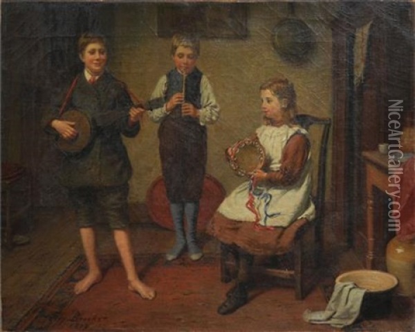A Youthful Trio Oil Painting - Harry Brooker