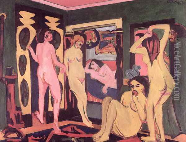 Bathers in a Room Oil Painting - Ernst Ludwig Kirchner