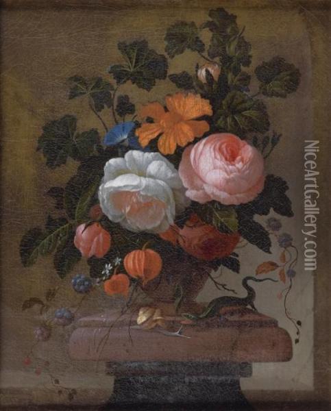Bouquet De Fleurs Sur Un Entablement Avec Un Lezard Et Un
Escargot Oil Painting - Philip Van Kouwenbergh