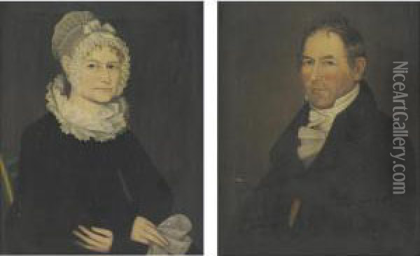 Lady In An Eyelet Lace Cap And 
Eyelet Handkerchief, Gentleman In Frilled White Stock: A Pair Of 
Portraits Oil Painting - Ammi Phillips