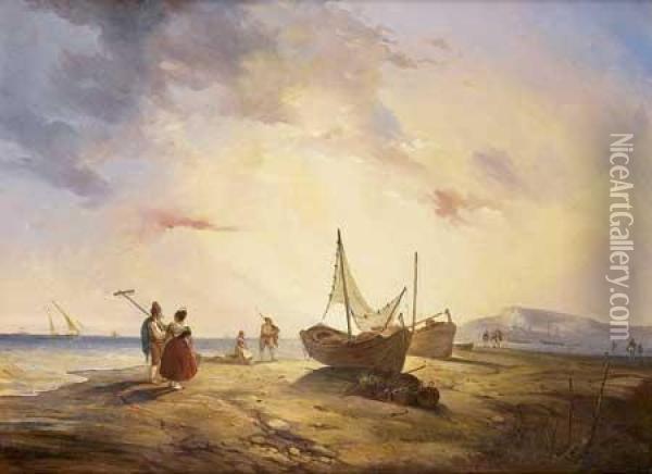 Pecheurs Et Embarcations Sur Une Plage Grecque Oil Painting - Antonio De Brugada Vila