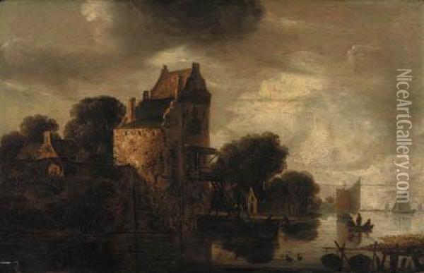 A River Landscape With Fishermen At A Landing Stage By A Tower,sailing Vessels Beyond Oil Painting - Wouter Knijff