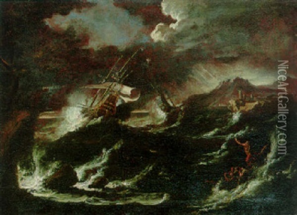 Warships Foundering Off A Rocky Shore In A Storm Oil Painting - Pieter Mulier the Younger