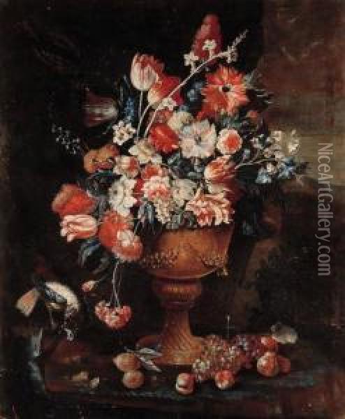 Flowers In A Gilt Urn With A Songbird And Fruit Strewn On Theground In A Landscape Oil Painting - Jan-baptist Bosschaert