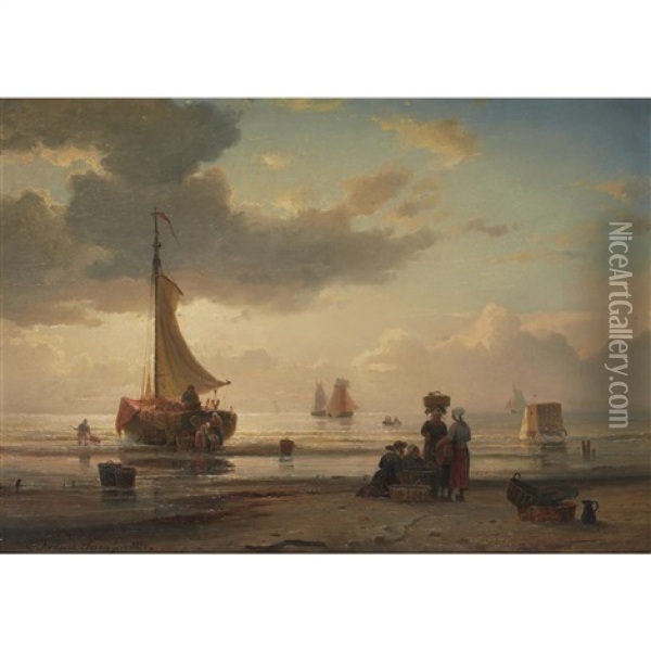 Fisherfolk Along The Shore At Dawn Oil Painting - Carl Fredrick Sorensen