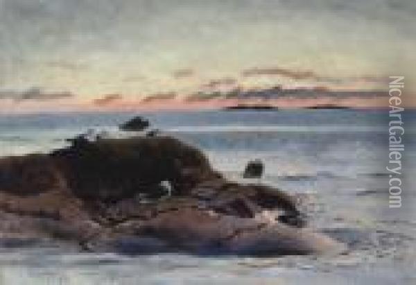 Sildemaker Pa Klippe Ved Solnedgang (black-backed Gulls On A Rock At Sunset) Oil Painting - Bruno Andreas Liljefors