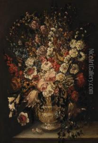 Roses, Carnations, Tulips, And Other Flowers In A Sculpted Urn On Aledge Oil Painting - Andrea Scaccati