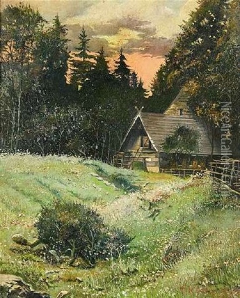 Landschaft Mit Bauernhaus Am Waldrand Bei Sonnenuntergang Oil Painting - Gavril Pavlovich Kondratenko