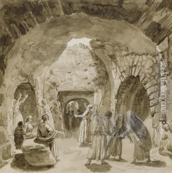 Femmes Dans Une Grotte Ouverte Vers Le Ciel Oil Painting - Jean-Pierr Houel