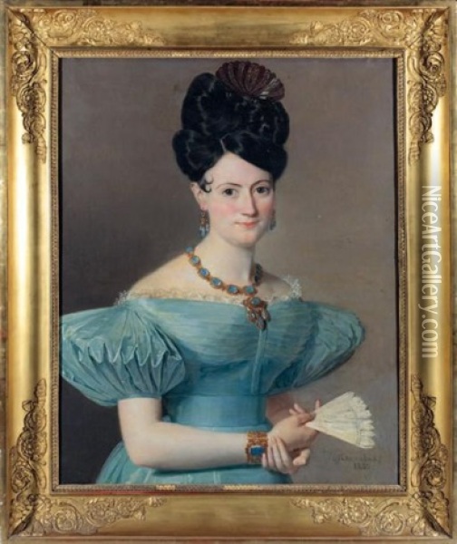 Jeune Femme En Robe Bleue, Tenant Un Eventail Oil Painting - Jean-Jacques-Francois Monanteuil
