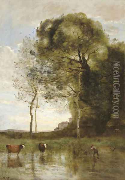 Bords d'Etang aux deux vaches, souvenir d'Italie Oil Painting - Jean-Baptiste-Camille Corot