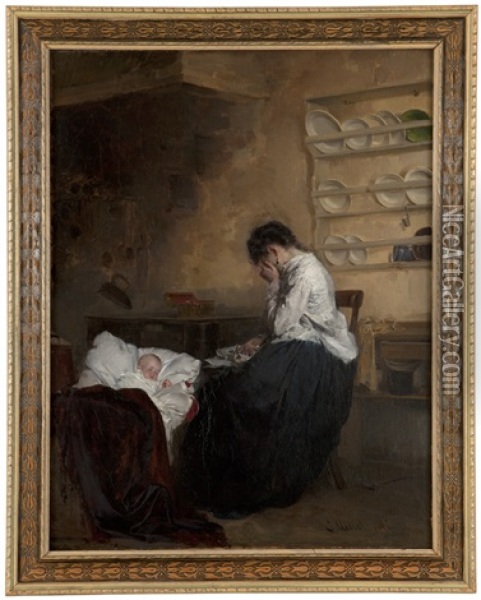 Grieving Mother With Baby Oil Painting - Ernst Meisel