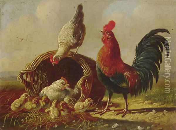 A chicken family by a wicker basket Oil Painting - Albertus Verhoesen