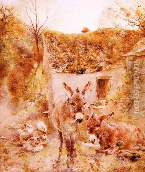 Donkeys and Ducks in a Farmyard Oil Painting - William Huggins