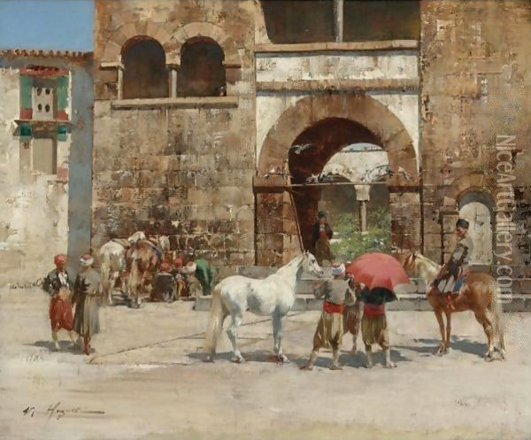 At Rest Outside The City Walls Oil Painting - Victor Pierre Huguet