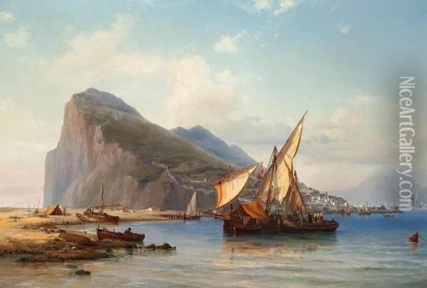 View Of Gibraltar. Signed And Dated Wilhelm Melbye 1857 Oil Painting - Vilhelm Melbye