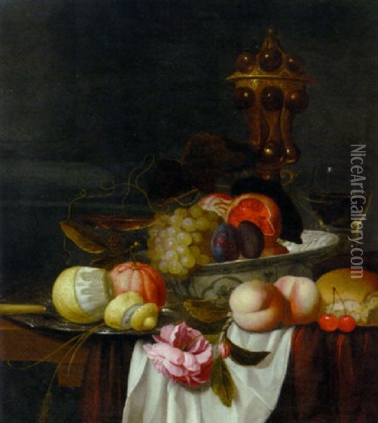 Grapes, Pomegranates And Plums In A Wanli Kraak Porselein Bowl, An Orange And A Partly Peeled Lemon On A Pewter Plate Oil Painting - Jacob van Hulsdonck