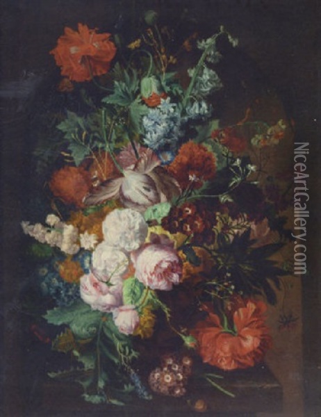 Parrot Tulips, Roses, Poppies, Carnations, Morning Glory, Chysanthemums In An Urn On A Stone Ledge, With A Snail, Butterflies And Other Insects Oil Painting - Jan Van Huysum