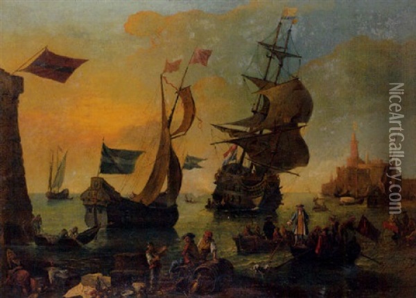 L'arrivee D'un Navire Hollandais Dans Un Port Mediterraneen Oil Painting - Adrien Manglard