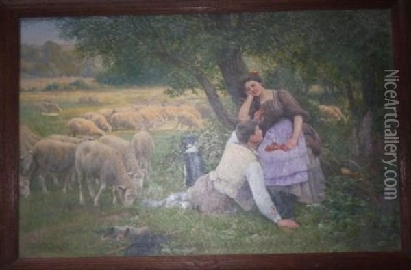 Jeune Bergere Et Son Troupeau De Moutons Oil Painting - Charles H. Clair