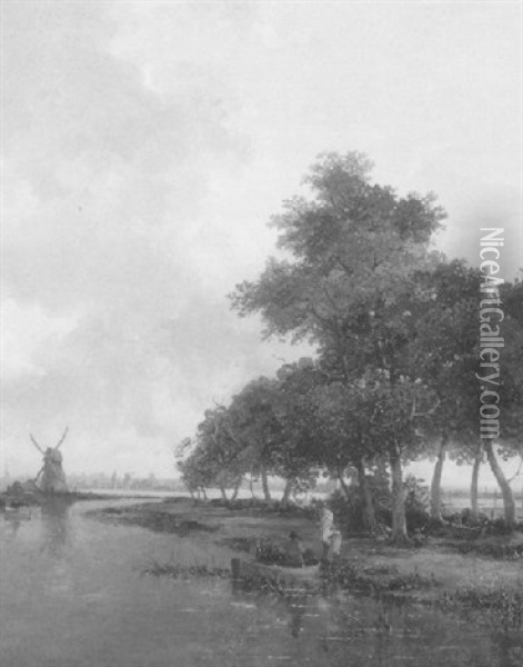 Anglers In A River Landscape Oil Painting - Hendrik Barend Koekkoek