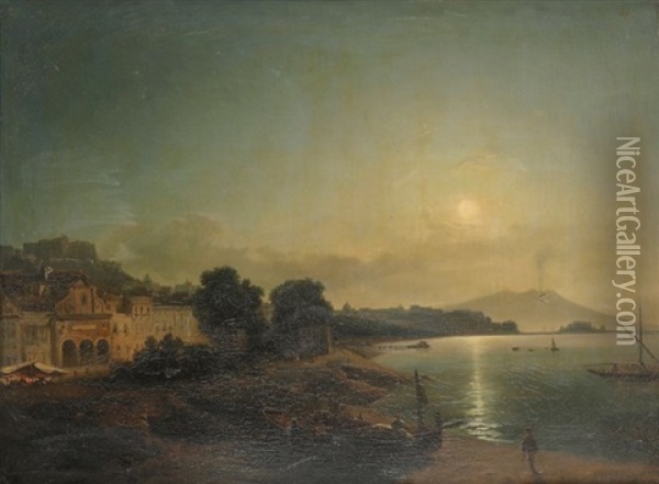 Vue De La Baie De Naples Au Clair De Lune Oil Painting - Jean Charles Joseph Remond