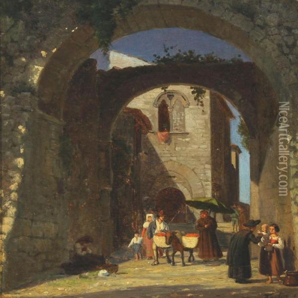 Italian City Scape With Monks And Priest In Conversation Oil Painting - Peter Kornbeck