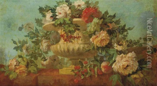Urne De Fleurs Sur Une Balustrade Oil Painting - Jean-Baptiste Belin de Fontenay the Elder