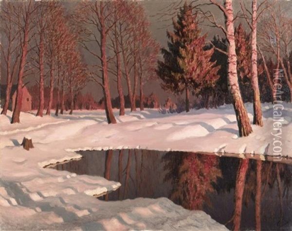 Winter Lake Landscape Oil Painting - Mikhail Markianovich Germanshev
