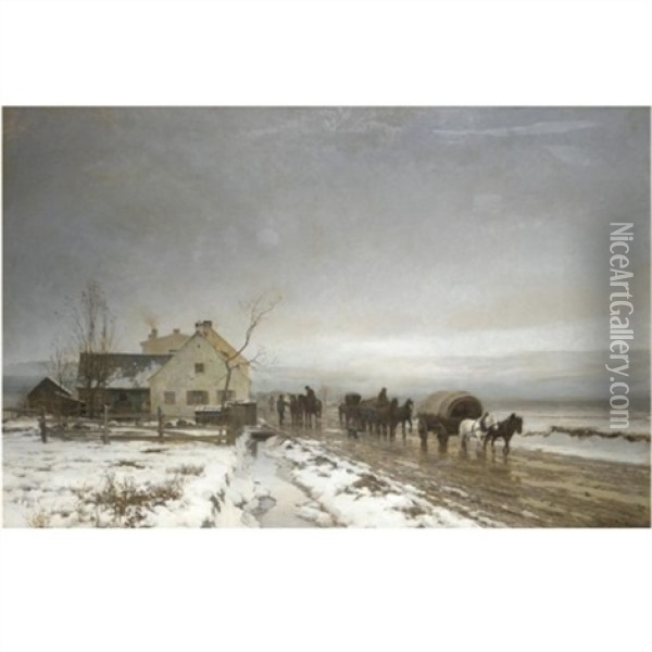 The Long And Wintery Road Oil Painting - Anders Andersen-Lundby