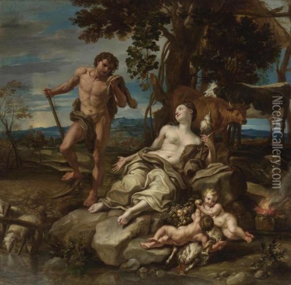 Adam And Eve With The Infants Cain And Abel Oil Painting - Lorenzo De Ferrari