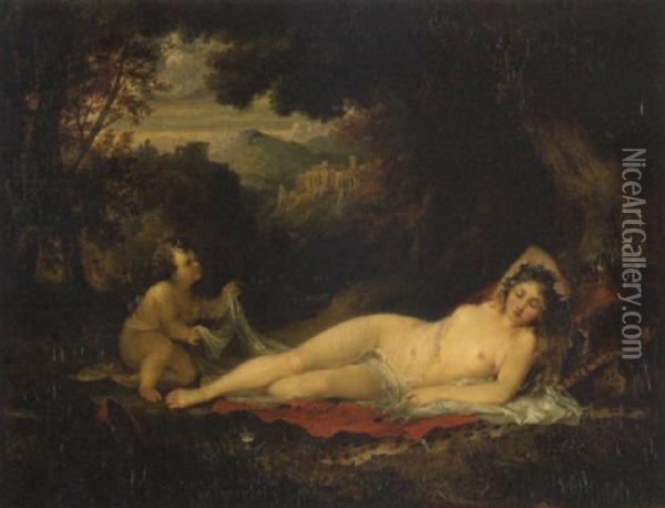 Venus And Cupid In A Wooded Bower Oil Painting - George Arnald