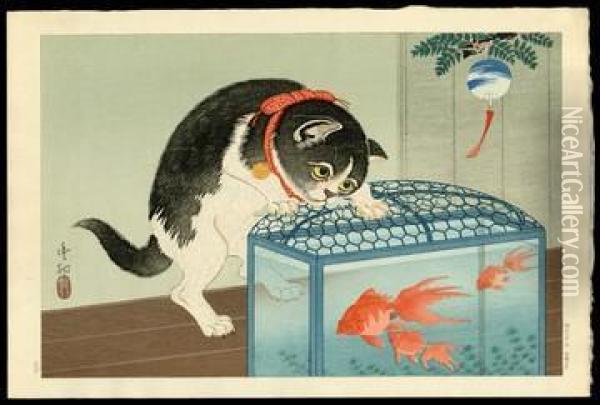Cat And Goldfish Tank Oil Painting - Ohara Koson