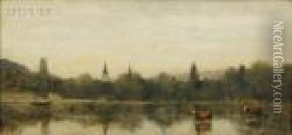 Bords D'une Riviere Avec Deux Clochers Emergeant Desarbres Oil Painting - Jean-Baptiste-Camille Corot