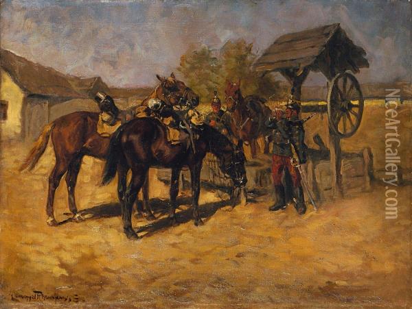 Zwei Soldaten Mit Ihren Pferden Bei Der Rast Am Brunnen Oil Painting - Ede Lengyel-Rheinfuss