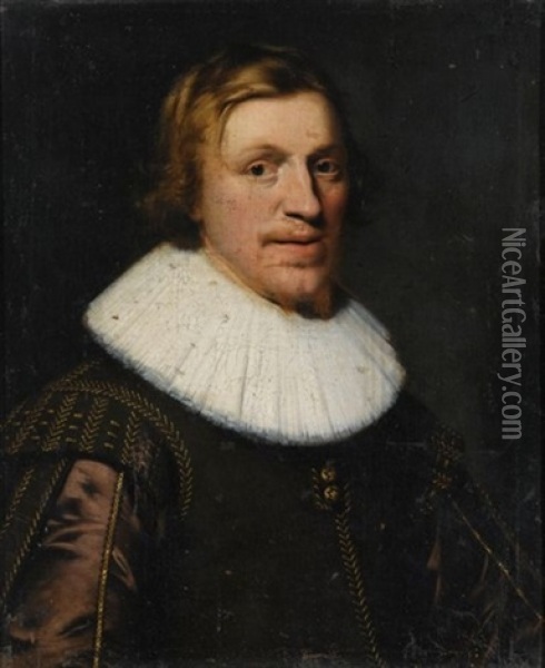 A Portrait Of A Young Gentleman, Bust Length, Wearing A Brown Gold-embroidered Suit With A White Collar Oil Painting - Wybrand Simonsz de Geest the Elder