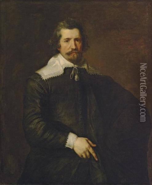 Portrait Of A Gentleman, 
Three-quarter-length, In A Black Doublet And Mantle, With A Lace Collar 
And Cuffs Oil Painting - Sir Anthony Van Dyck