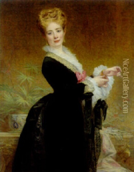 Portrait Of An Elegant Lady, Wearing A Black Dress Trimmed With Lace Oil Painting - Charles Joshua Chaplin