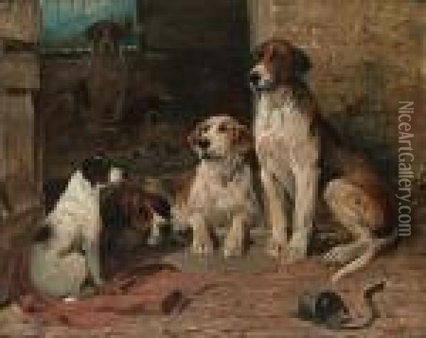 Hounds By A Kennel Oil Painting - John Emms