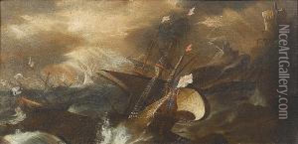 Shipping Foundering In Stormy Seas Off A Headland Oil Painting - Matthieu Van Plattenberg