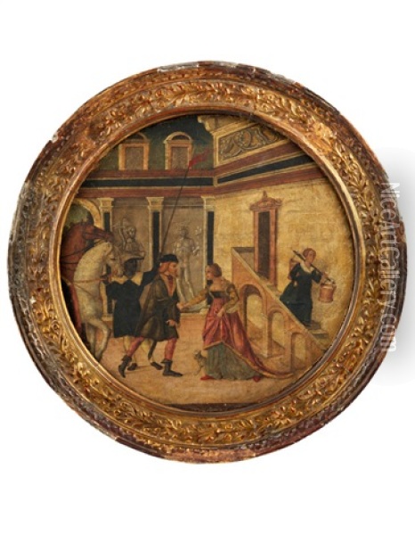 Begegnung Eines Paares In Einem Palasthof (lucio Tarquinius Collatino Grusst Seine Frau Lucrezia?) Oil Painting - Domenico Morone