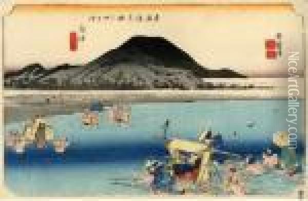 Les 53 Stations Du Tokaido, Fuchu, Abe-kawa Oil Painting - Utagawa or Ando Hiroshige